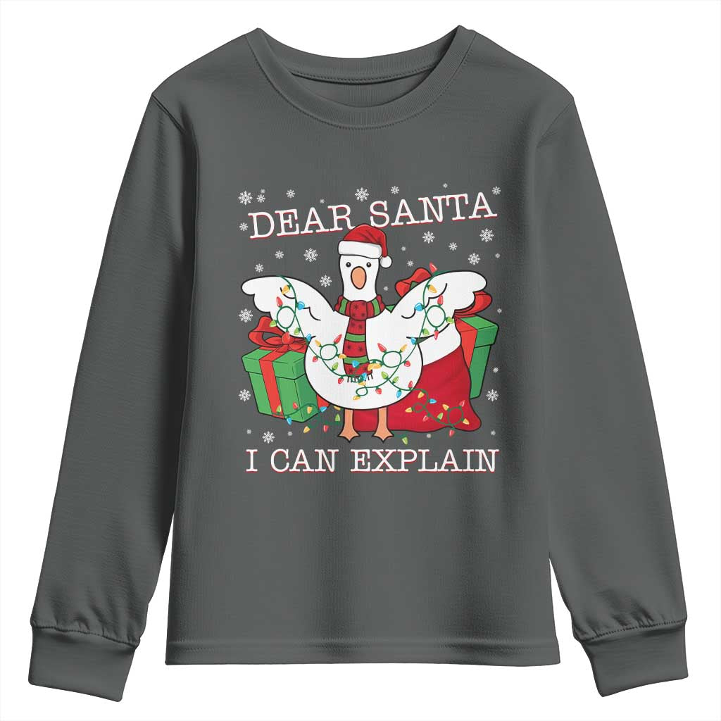Funny Christmas Goose Youth Sweatshirt Dear Santa I Can Explain Cute Xmas Meme TS10 Dark Heather Print Your Wear
