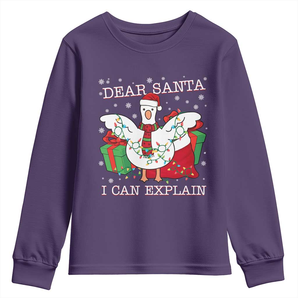 Funny Christmas Goose Youth Sweatshirt Dear Santa I Can Explain Cute Xmas Meme TS10 Purple Print Your Wear