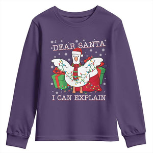 Funny Christmas Goose Youth Sweatshirt Dear Santa I Can Explain Cute Xmas Meme TS10 Purple Print Your Wear