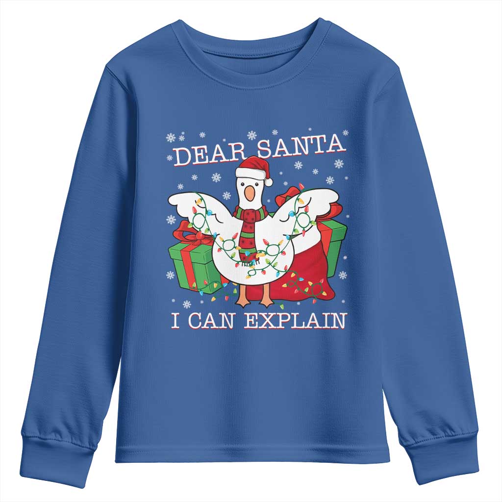 Funny Christmas Goose Youth Sweatshirt Dear Santa I Can Explain Cute Xmas Meme TS10 Royal Blue Print Your Wear
