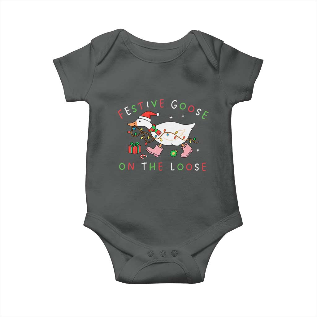 Funny Christmas Goose Baby Onesie Festive Goose On The Loose Xmas Duck Meme TS10 Dark Heather Print Your Wear