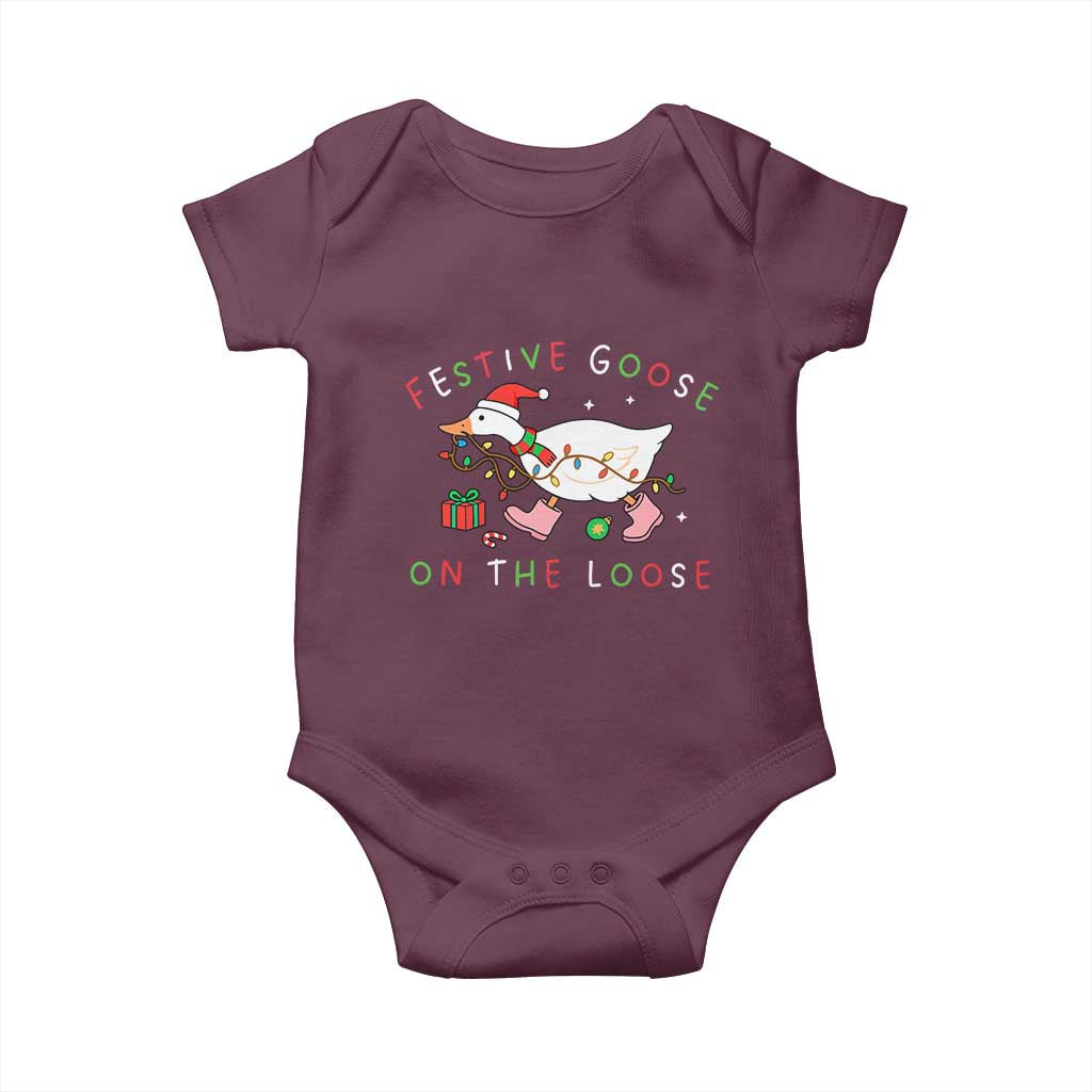 Funny Christmas Goose Baby Onesie Festive Goose On The Loose Xmas Duck Meme TS10 Maroon Print Your Wear