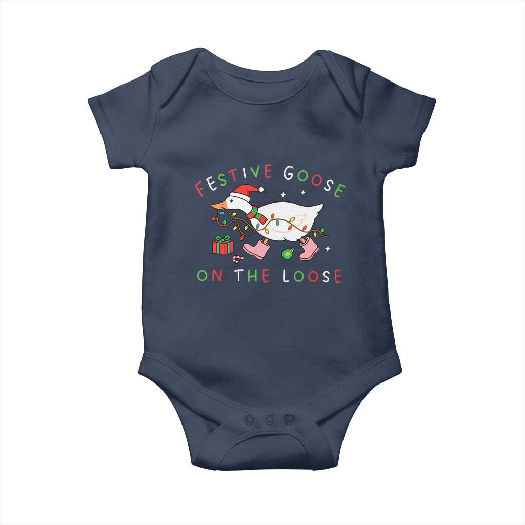 Funny Christmas Goose Baby Onesie Festive Goose On The Loose Xmas Duck Meme TS10 Navy Print Your Wear