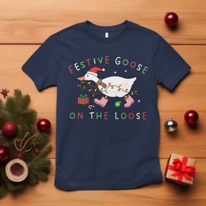 Funny Christmas Goose T Shirt Festive Goose On The Loose Xmas Duck Meme TS10 Navy Print Your Wear