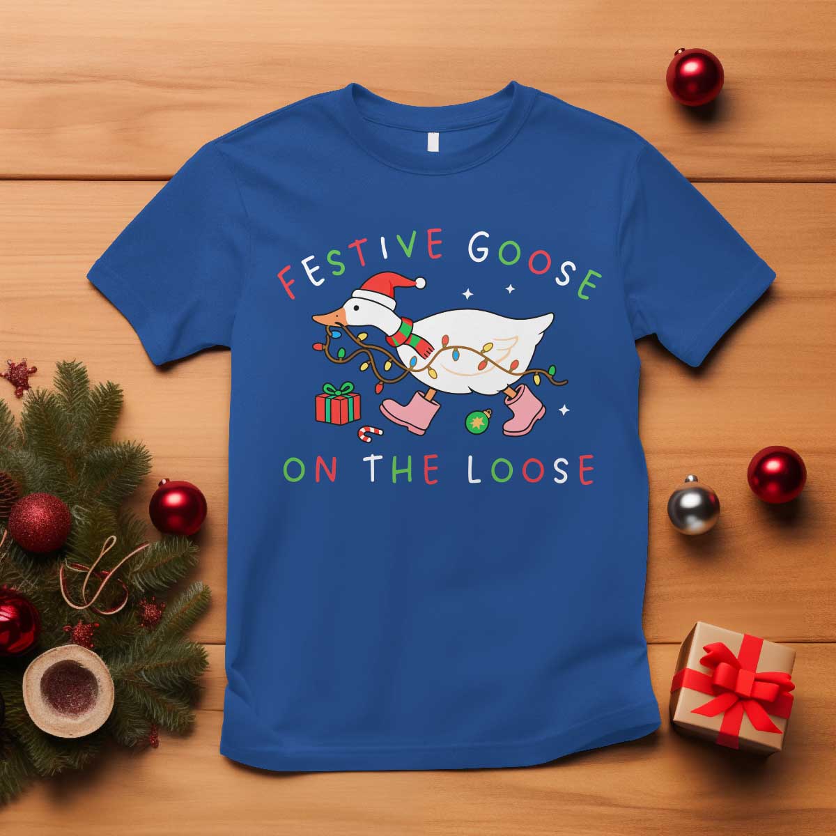 Funny Christmas Goose T Shirt Festive Goose On The Loose Xmas Duck Meme TS10 Royal Blue Print Your Wear