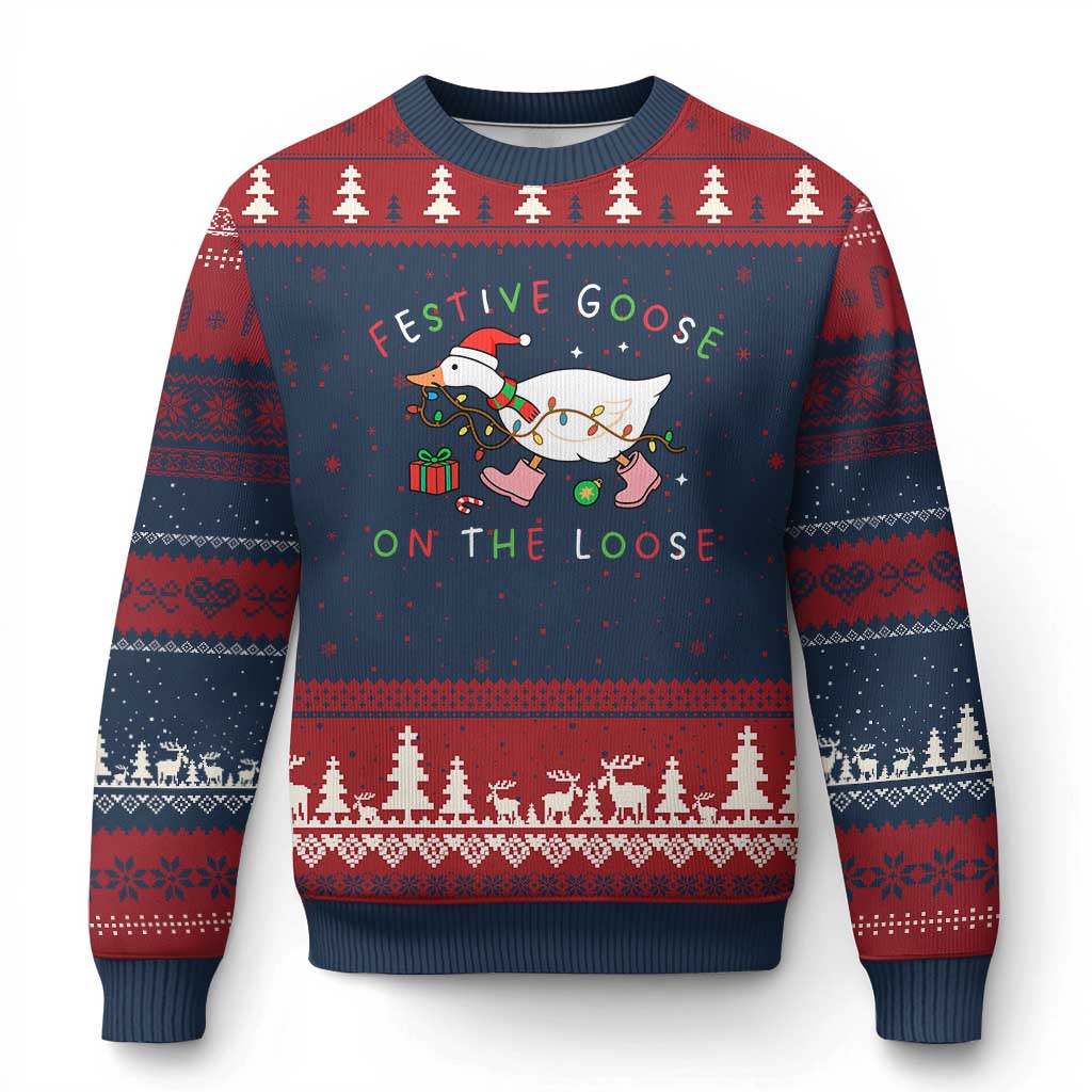 Funny Xmas Goose Ugly Christmas Sweater Festive Goose On The Loose Xmas Duck Meme TS10 Navy Red Print Your Wear
