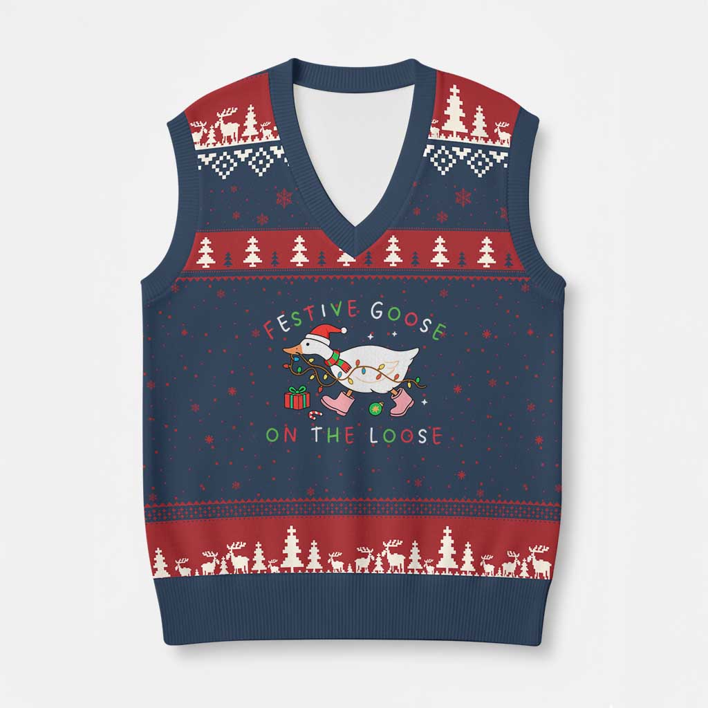 Funny Xmas Goose V-Neck Knit Sweater Vest Festive Goose On The Loose Xmas Duck Meme TS10 Navy Red Print Your Wear
