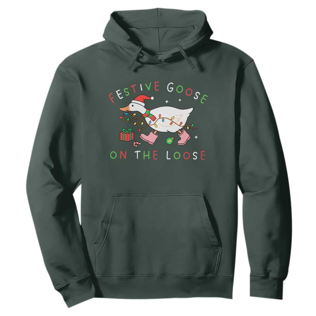 Funny Christmas Goose Hoodie Festive Goose On The Loose Xmas Duck Meme TS10 Dark Forest Green Print Your Wear