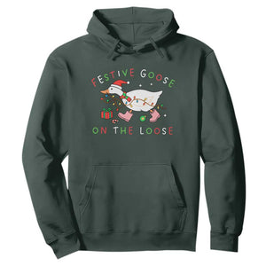 Funny Christmas Goose Hoodie Festive Goose On The Loose Xmas Duck Meme TS10 Dark Forest Green Print Your Wear