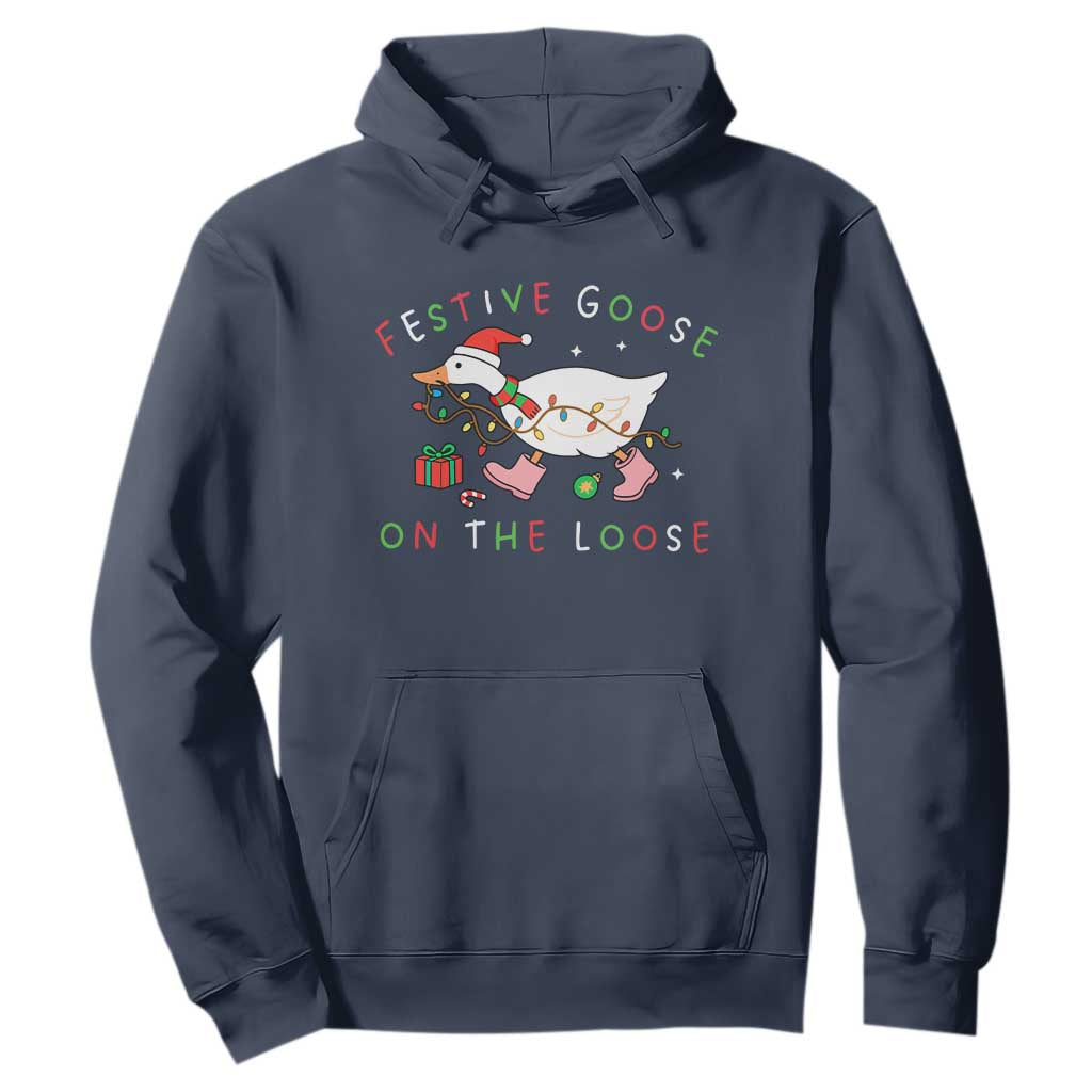 Funny Christmas Goose Hoodie Festive Goose On The Loose Xmas Duck Meme TS10 Navy Print Your Wear