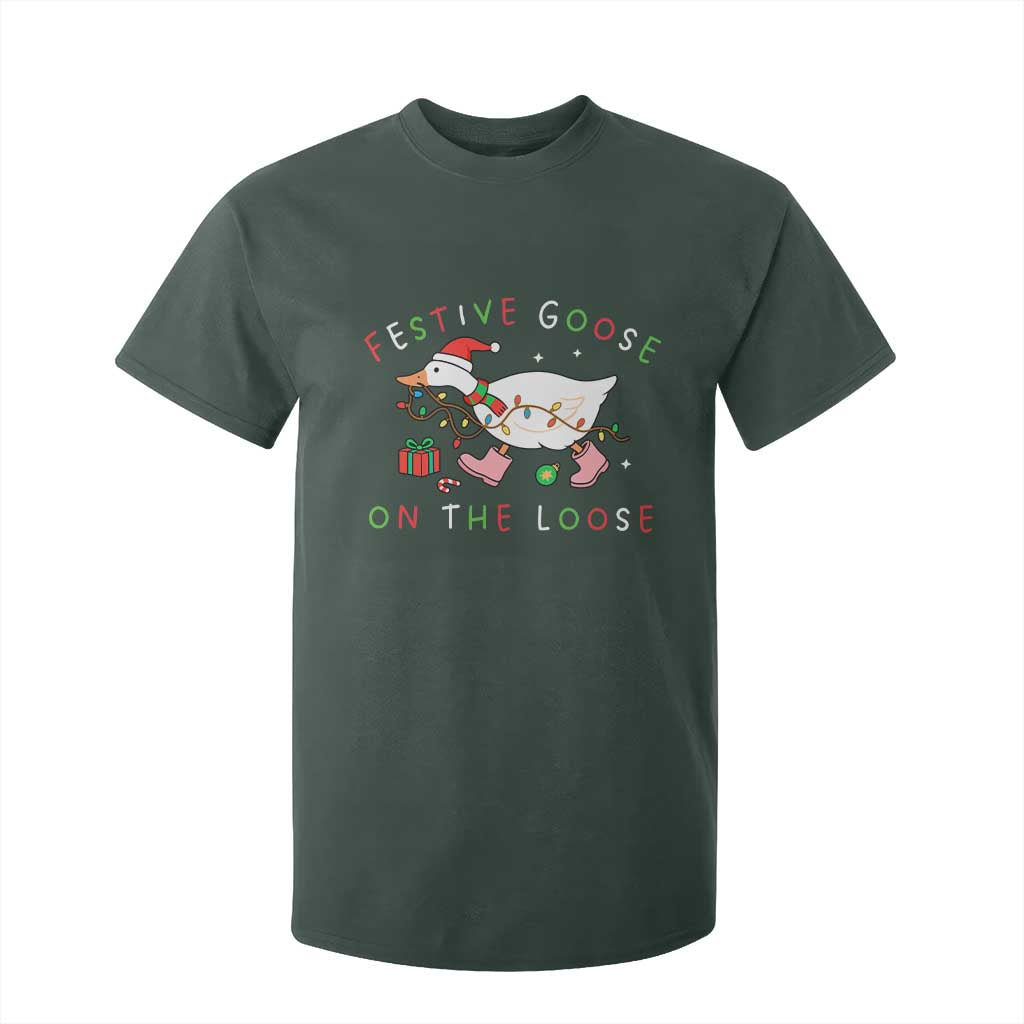 Funny Christmas Goose T Shirt For Kid Festive Goose On The Loose Xmas Duck Meme TS10 Dark Forest Green Print Your Wear
