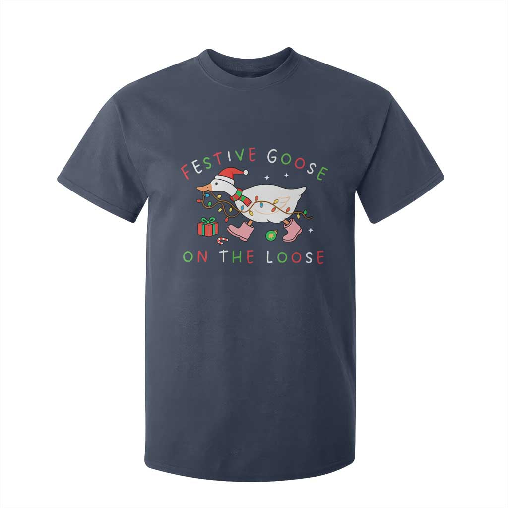 Funny Christmas Goose T Shirt For Kid Festive Goose On The Loose Xmas Duck Meme TS10 Navy Print Your Wear