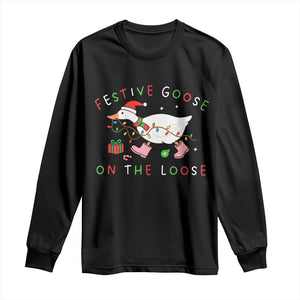 Funny Christmas Goose Long Sleeve Shirt Festive Goose On The Loose Xmas Duck Meme TS10 Black Print Your Wear