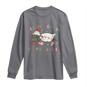 Funny Christmas Goose Long Sleeve Shirt Festive Goose On The Loose Xmas Duck Meme TS10 Charcoal Print Your Wear