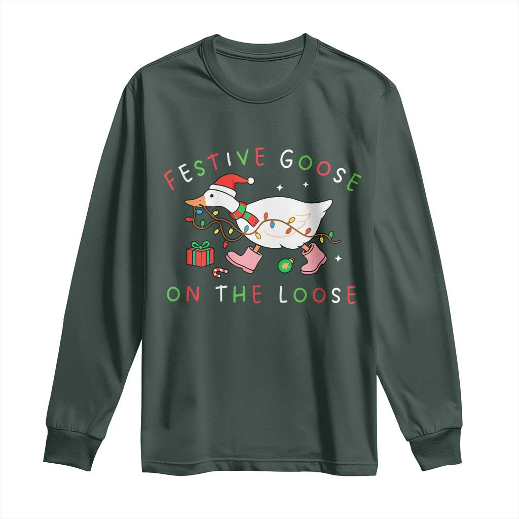 Funny Christmas Goose Long Sleeve Shirt Festive Goose On The Loose Xmas Duck Meme TS10 Dark Forest Green Print Your Wear