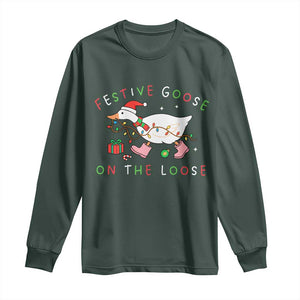 Funny Christmas Goose Long Sleeve Shirt Festive Goose On The Loose Xmas Duck Meme TS10 Dark Forest Green Print Your Wear