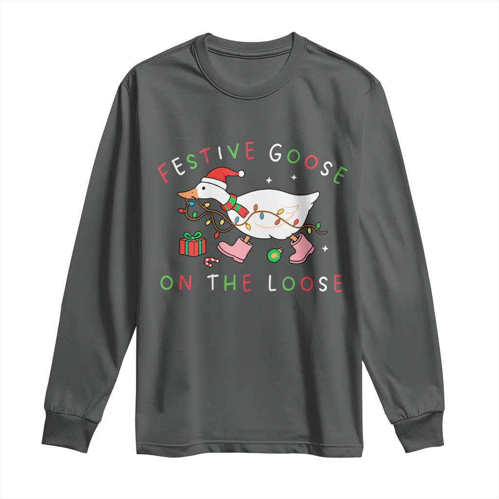 Funny Christmas Goose Long Sleeve Shirt Festive Goose On The Loose Xmas Duck Meme TS10 Dark Heather Print Your Wear