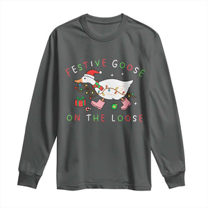 Funny Christmas Goose Long Sleeve Shirt Festive Goose On The Loose Xmas Duck Meme TS10 Dark Heather Print Your Wear