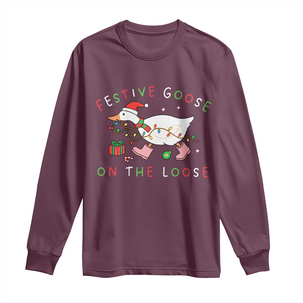Funny Christmas Goose Long Sleeve Shirt Festive Goose On The Loose Xmas Duck Meme TS10 Maroon Print Your Wear