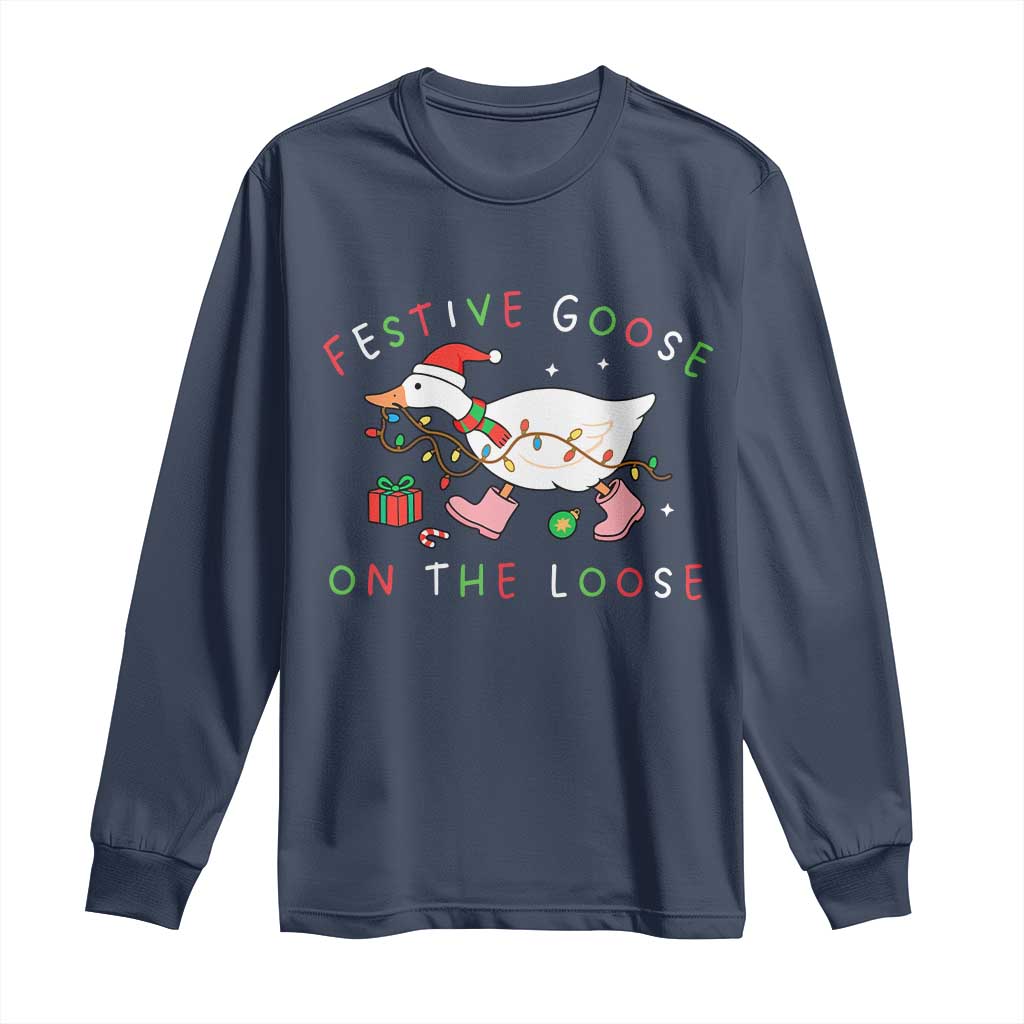 Funny Christmas Goose Long Sleeve Shirt Festive Goose On The Loose Xmas Duck Meme TS10 Navy Print Your Wear