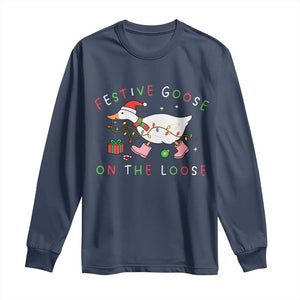 Funny Christmas Goose Long Sleeve Shirt Festive Goose On The Loose Xmas Duck Meme TS10 Navy Print Your Wear