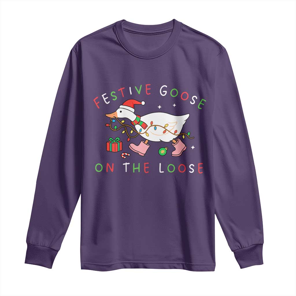 Funny Christmas Goose Long Sleeve Shirt Festive Goose On The Loose Xmas Duck Meme TS10 Purple Print Your Wear