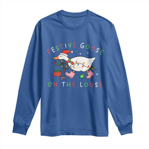 Funny Christmas Goose Long Sleeve Shirt Festive Goose On The Loose Xmas Duck Meme TS10 Royal Blue Print Your Wear