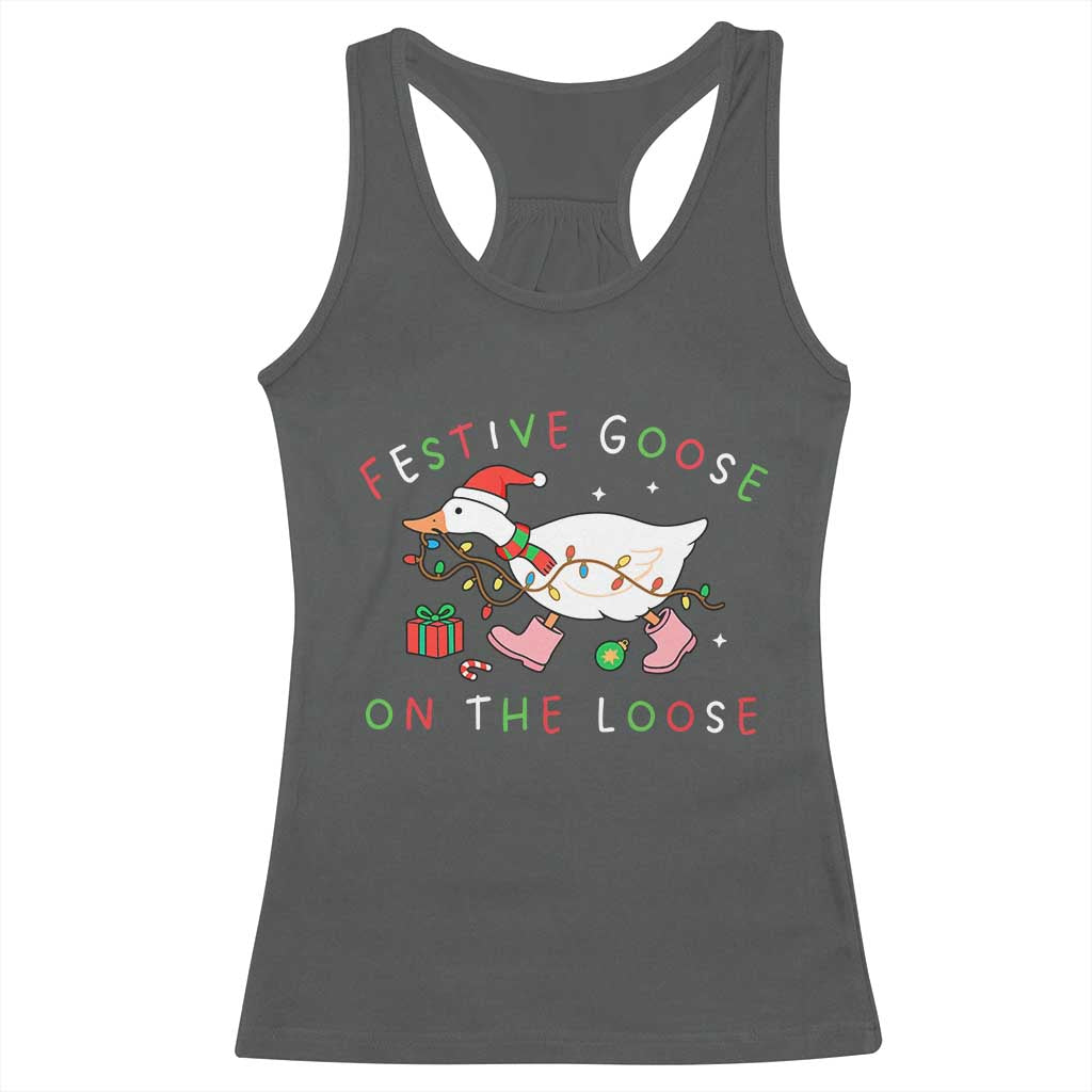 Funny Christmas Goose Racerback Tank Top Festive Goose On The Loose Xmas Duck Meme TS10 Dark Heather Print Your Wear