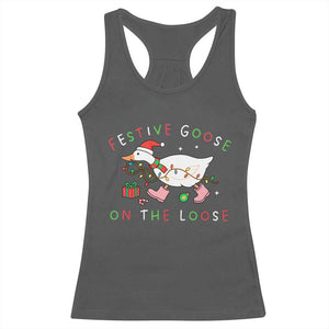 Funny Christmas Goose Racerback Tank Top Festive Goose On The Loose Xmas Duck Meme TS10 Dark Heather Print Your Wear