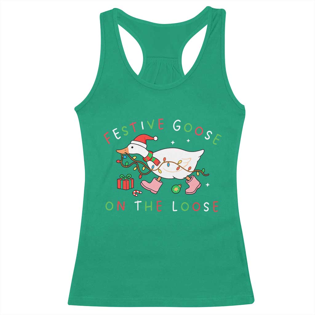 Funny Christmas Goose Racerback Tank Top Festive Goose On The Loose Xmas Duck Meme TS10 Irish Green Print Your Wear