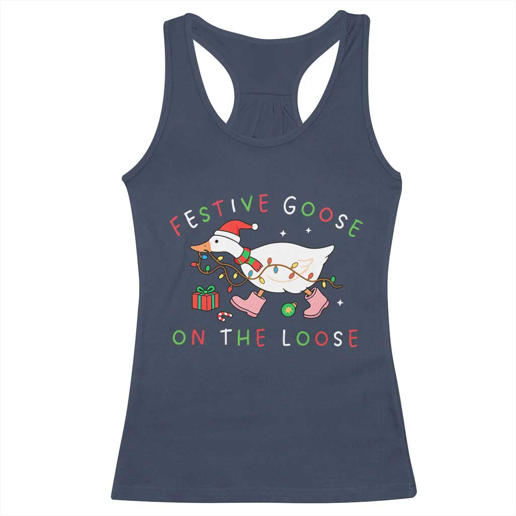 Funny Christmas Goose Racerback Tank Top Festive Goose On The Loose Xmas Duck Meme TS10 Navy Print Your Wear