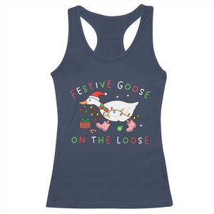 Funny Christmas Goose Racerback Tank Top Festive Goose On The Loose Xmas Duck Meme TS10 Navy Print Your Wear