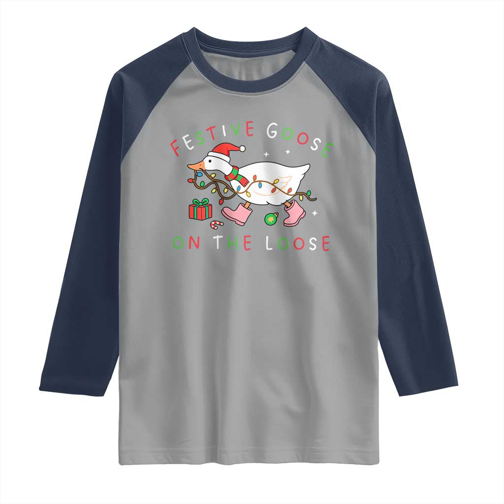Funny Christmas Goose Raglan Shirt Festive Goose On The Loose Xmas Duck Meme TS10 Sport Gray Navy Print Your Wear