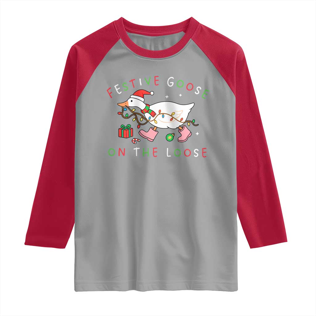 Funny Christmas Goose Raglan Shirt Festive Goose On The Loose Xmas Duck Meme TS10 Sport Gray Red Print Your Wear