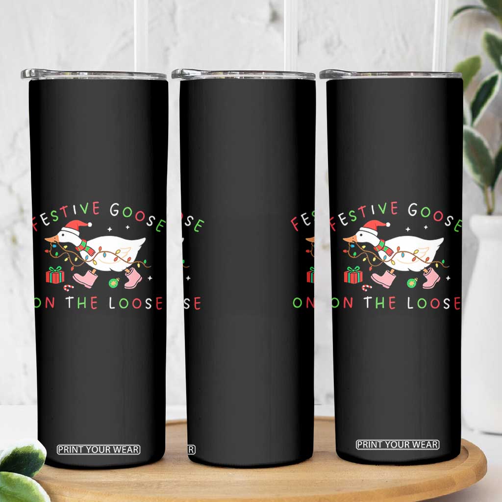 Funny Christmas Goose Skinny Tumbler Festive Goose On The Loose Xmas Duck Meme TS10 Print Your Wear