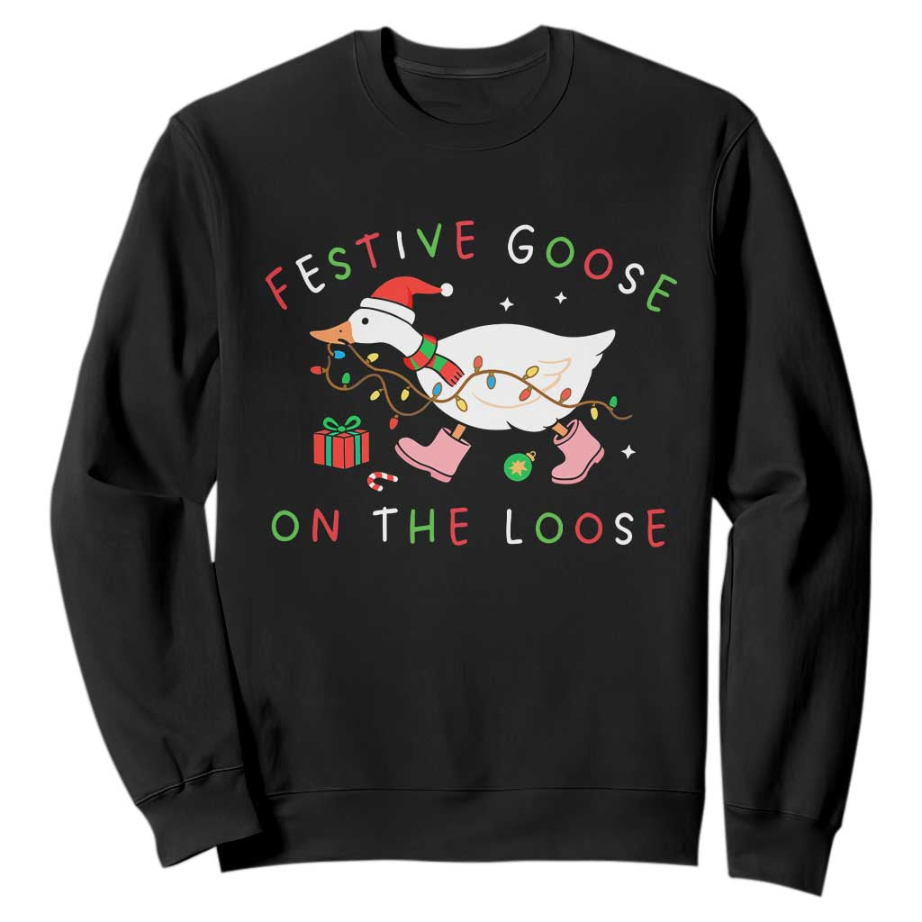 Funny Christmas Goose Sweatshirt Festive Goose On The Loose Xmas Duck Meme TS10 Black Print Your Wear