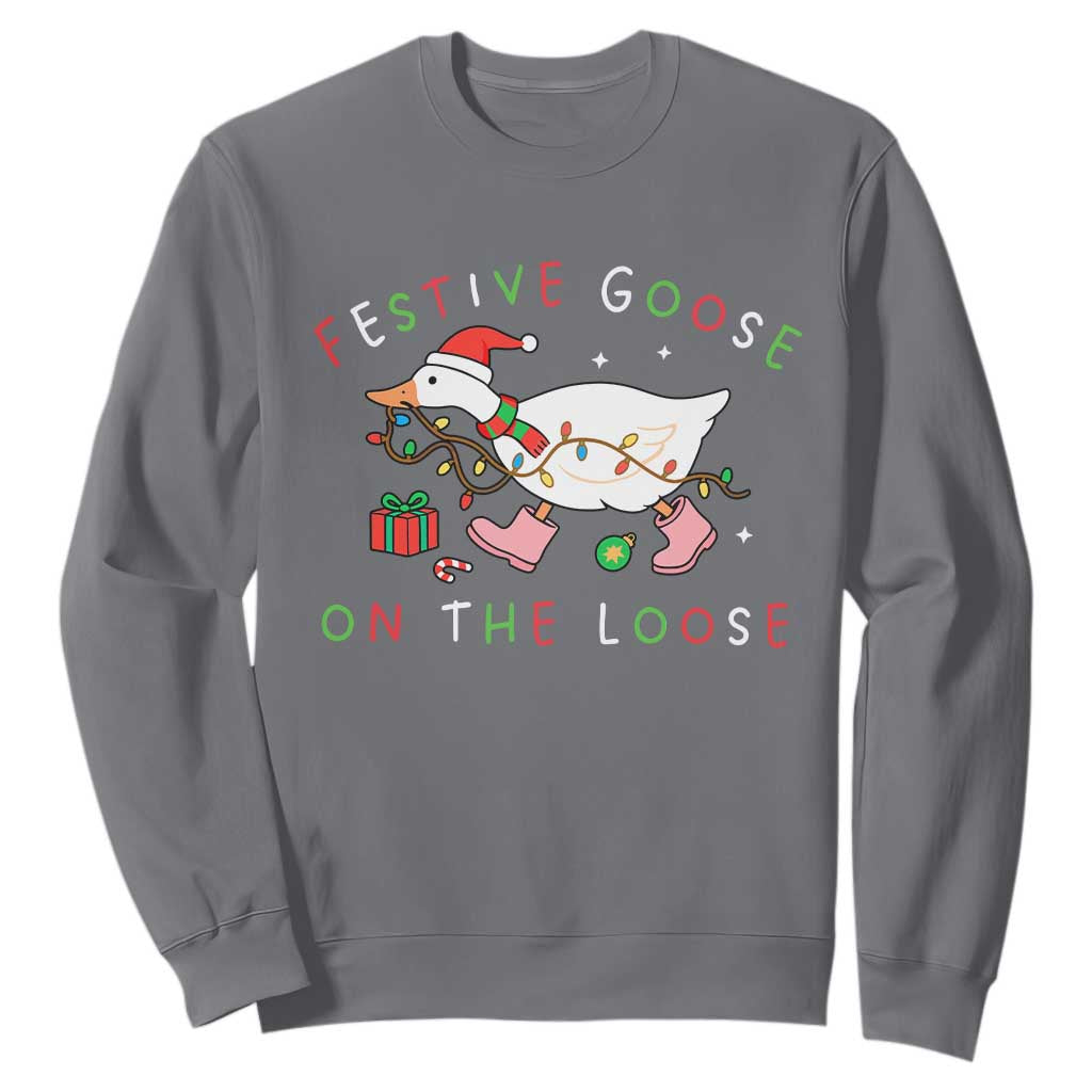 Funny Christmas Goose Sweatshirt Festive Goose On The Loose Xmas Duck Meme TS10 Charcoal Print Your Wear