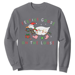 Funny Christmas Goose Sweatshirt Festive Goose On The Loose Xmas Duck Meme TS10 Charcoal Print Your Wear
