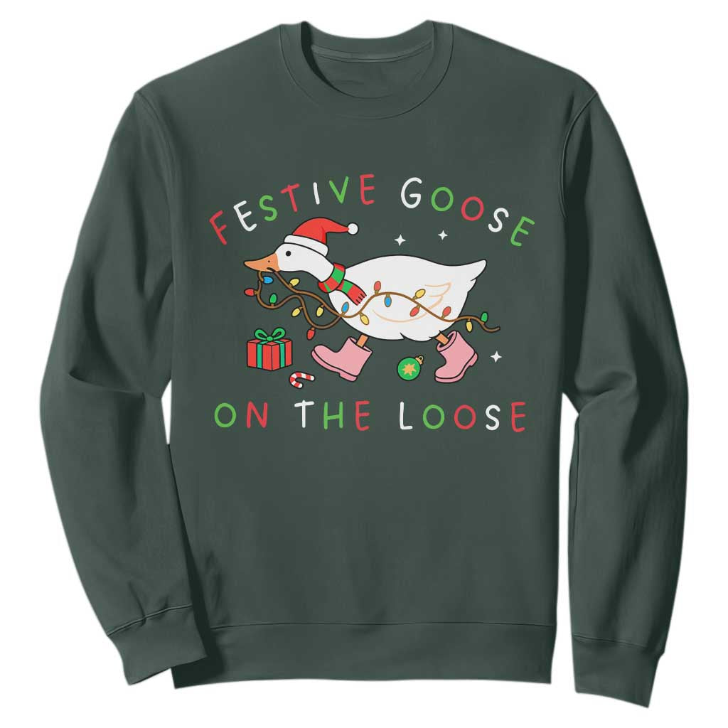 Funny Christmas Goose Sweatshirt Festive Goose On The Loose Xmas Duck Meme TS10 Dark Forest Green Print Your Wear