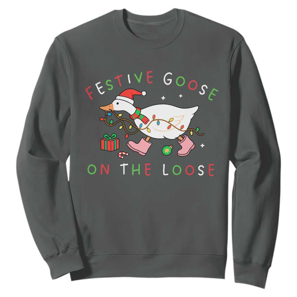 Funny Christmas Goose Sweatshirt Festive Goose On The Loose Xmas Duck Meme TS10 Dark Heather Print Your Wear