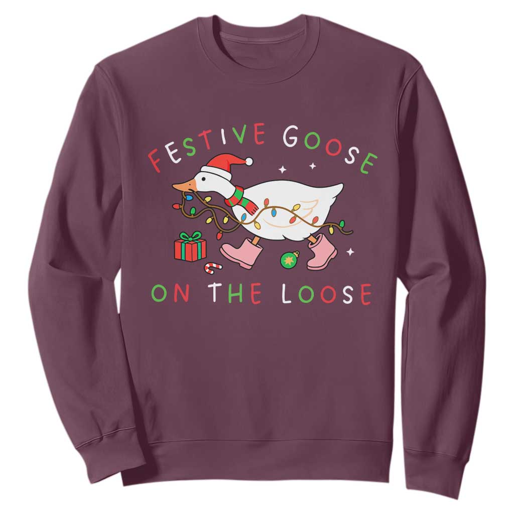 Funny Christmas Goose Sweatshirt Festive Goose On The Loose Xmas Duck Meme TS10 Maroon Print Your Wear