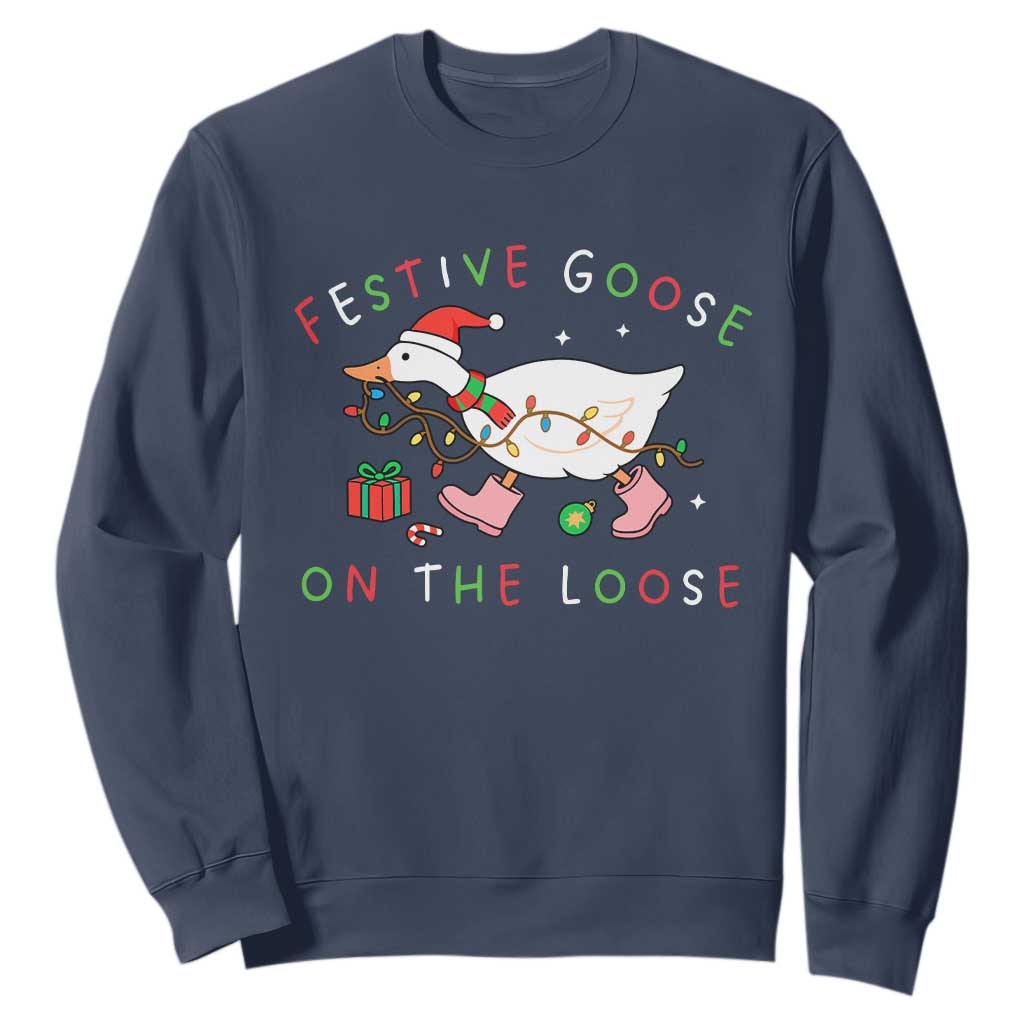 Funny Christmas Goose Sweatshirt Festive Goose On The Loose Xmas Duck Meme TS10 Navy Print Your Wear