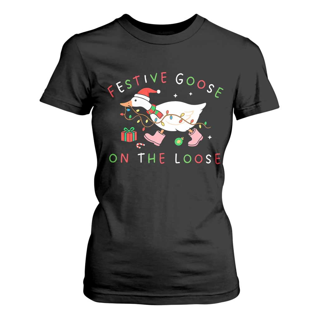 Funny Christmas Goose T Shirt For Women Festive Goose On The Loose Xmas Duck Meme TS10 Black Print Your Wear