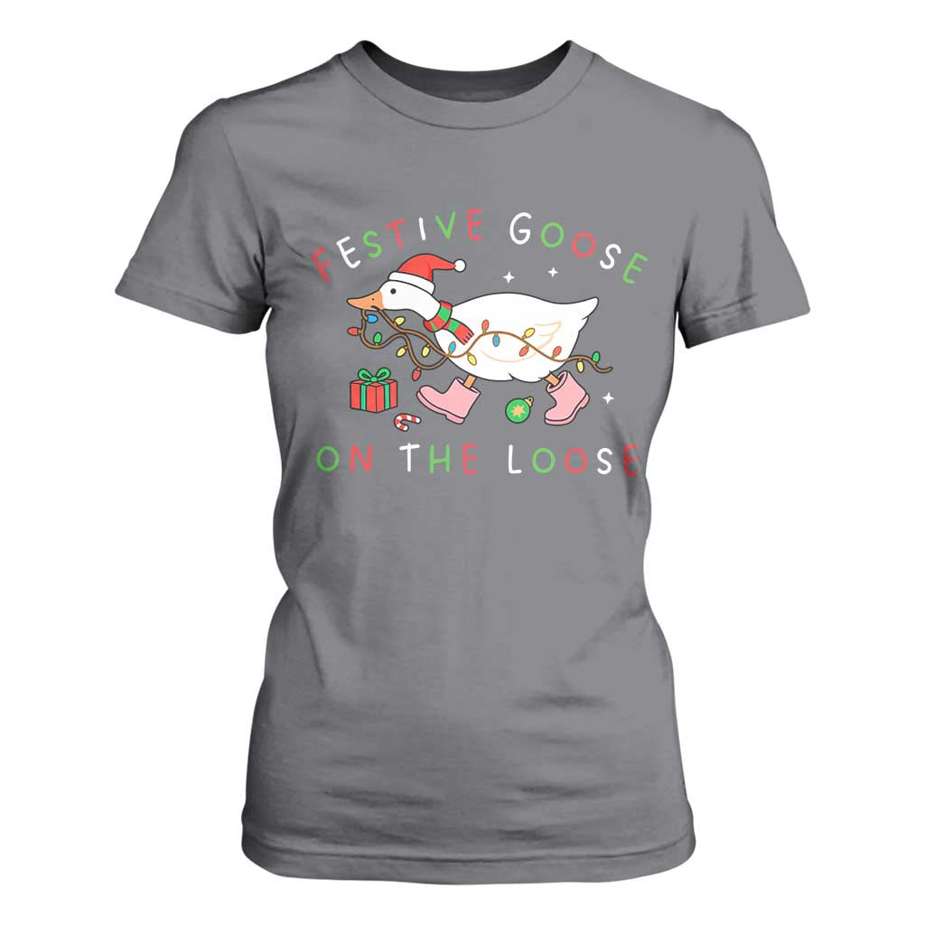 Funny Christmas Goose T Shirt For Women Festive Goose On The Loose Xmas Duck Meme TS10 Charcoal Print Your Wear