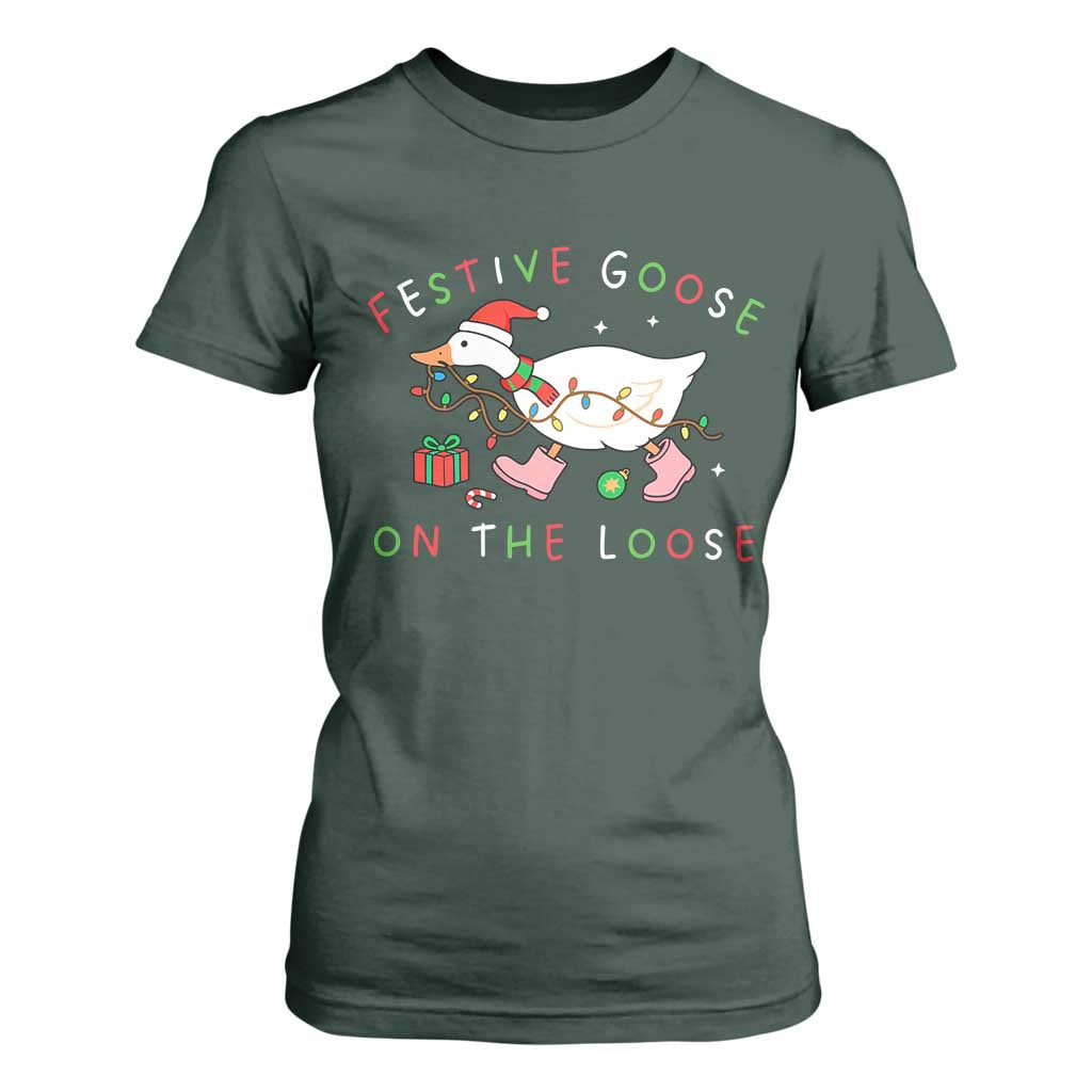 Funny Christmas Goose T Shirt For Women Festive Goose On The Loose Xmas Duck Meme TS10 Dark Forest Green Print Your Wear