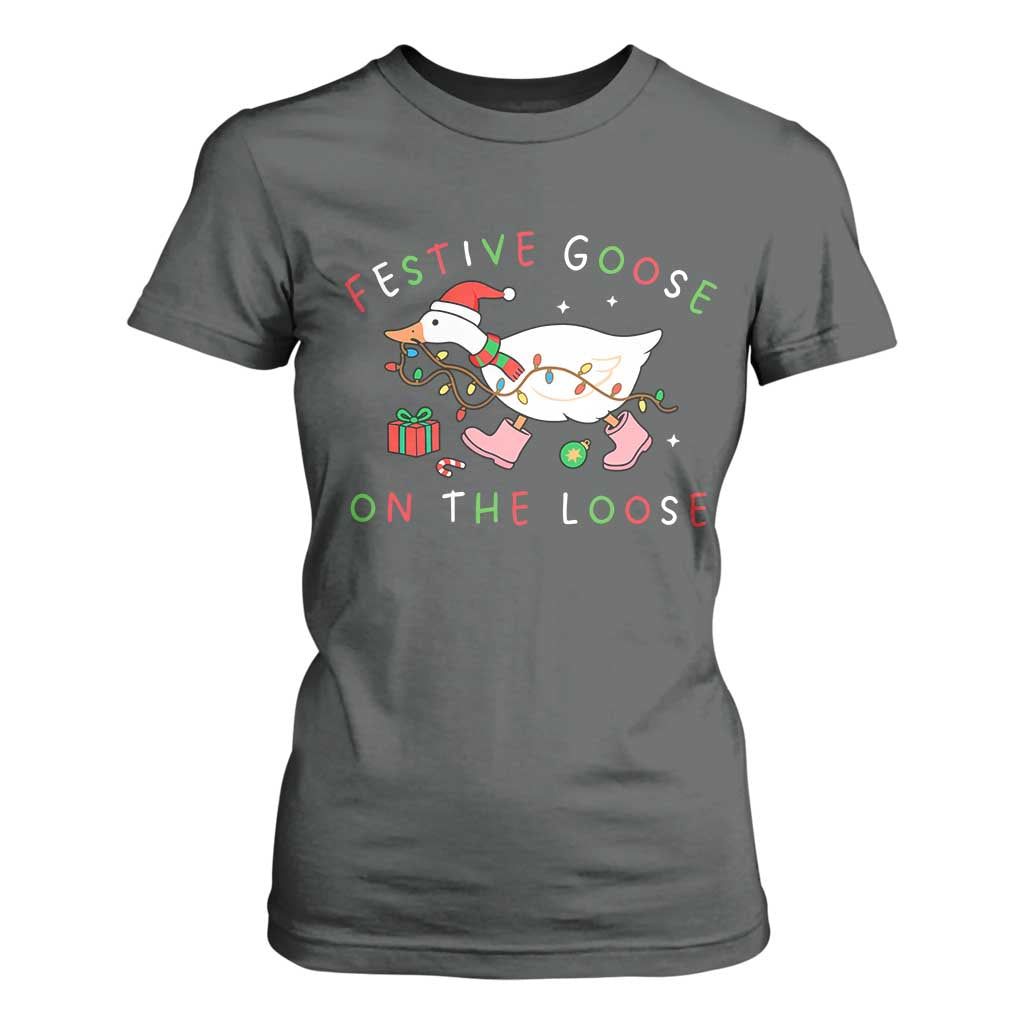 Funny Christmas Goose T Shirt For Women Festive Goose On The Loose Xmas Duck Meme TS10 Dark Heather Print Your Wear