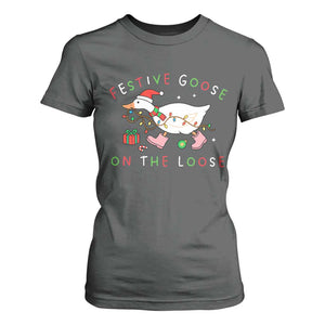Funny Christmas Goose T Shirt For Women Festive Goose On The Loose Xmas Duck Meme TS10 Dark Heather Print Your Wear