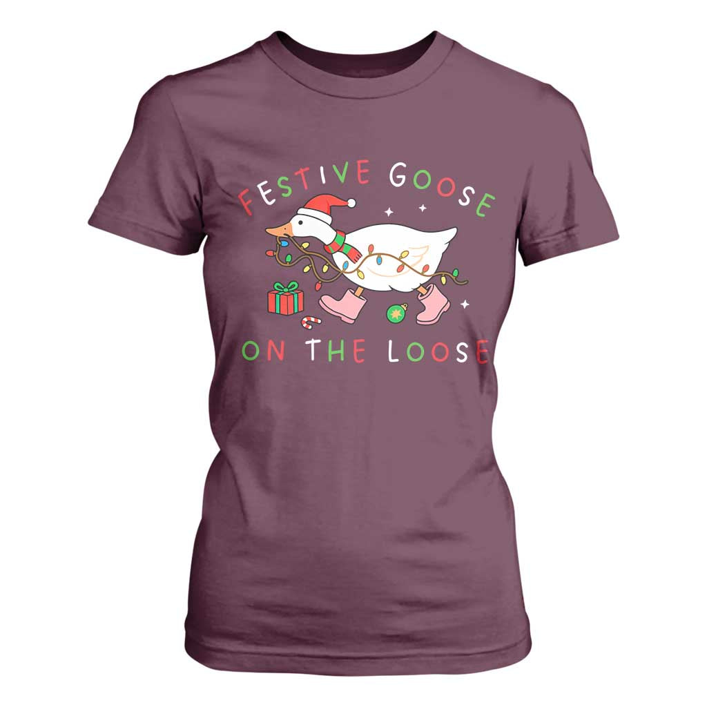Funny Christmas Goose T Shirt For Women Festive Goose On The Loose Xmas Duck Meme TS10 Maroon Print Your Wear