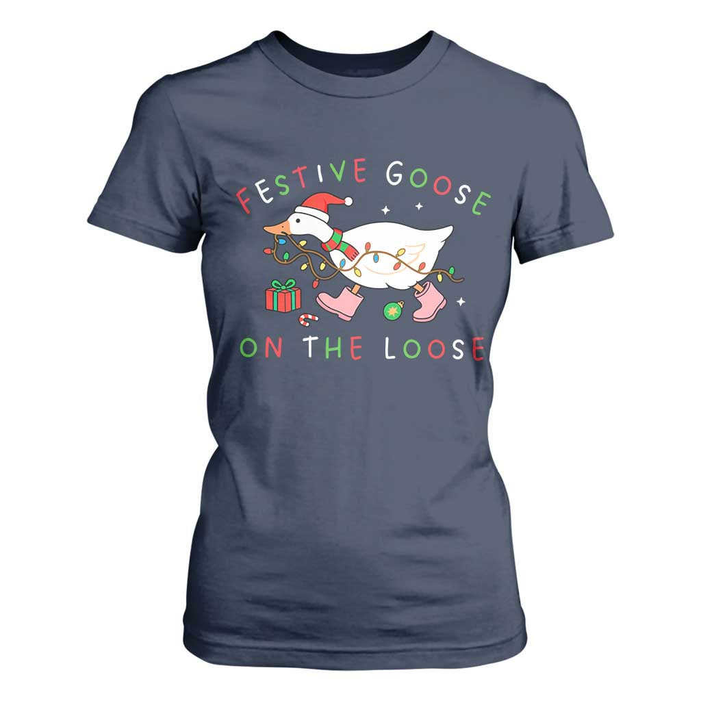 Funny Christmas Goose T Shirt For Women Festive Goose On The Loose Xmas Duck Meme TS10 Navy Print Your Wear