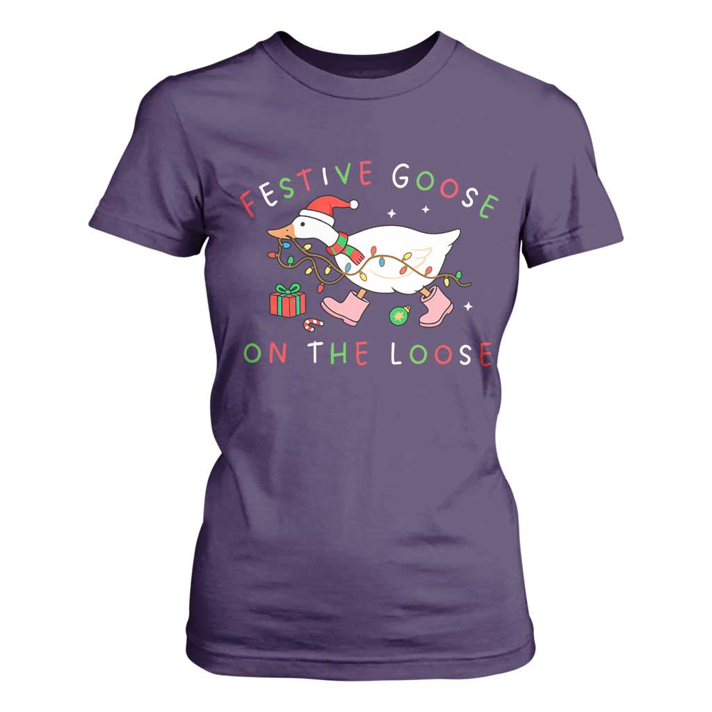 Funny Christmas Goose T Shirt For Women Festive Goose On The Loose Xmas Duck Meme TS10 Purple Print Your Wear